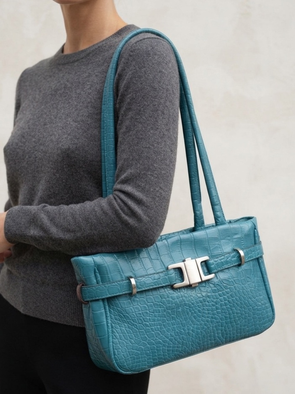 Y2K Joanel Teal Croc-Embossed Leather Shoulder Bag
